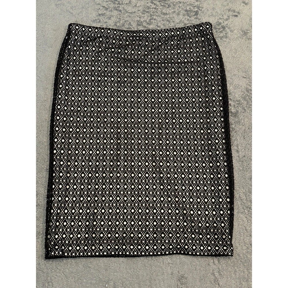 Vince Camuto Midi Pencil Skirt Women XL Black Eyelet Mesh Overlay White Lining - Picture 2 of 8